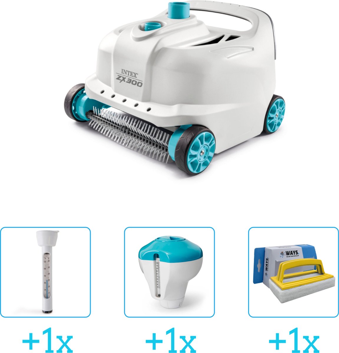 Zwembadonderhoud -   Zwembad stofzuiger Deluxe ZX300 - Automatisch - 28005 inclusief Thermometer - Chloordrijver en Scrubborstel - 4-delig - Geschikt voor alle type zwembaden - Zwembadstofzuiger