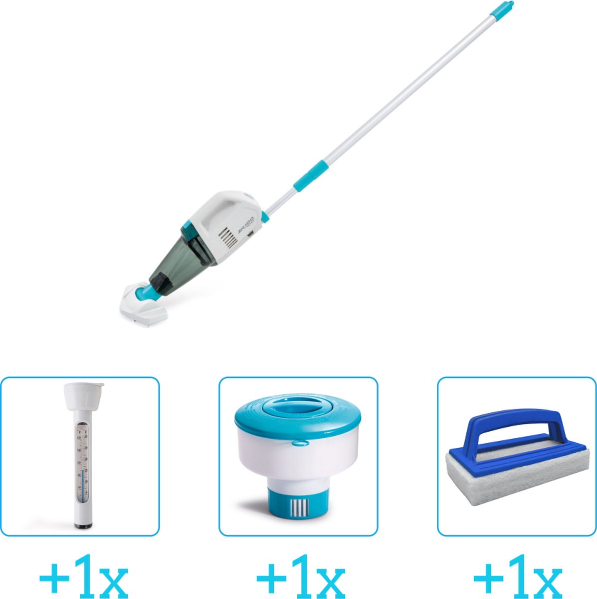 Zwembadonderhoud -   Zwembad stofzuiger ZR100 - Oplaadbaar - Handmatig - 28626 inclusief Thermometer - Chloordrijver en Scrubborstel - 4-delig - Ideaal voor zwembaden tot 549 m lengte - Zwembadstofzuiger