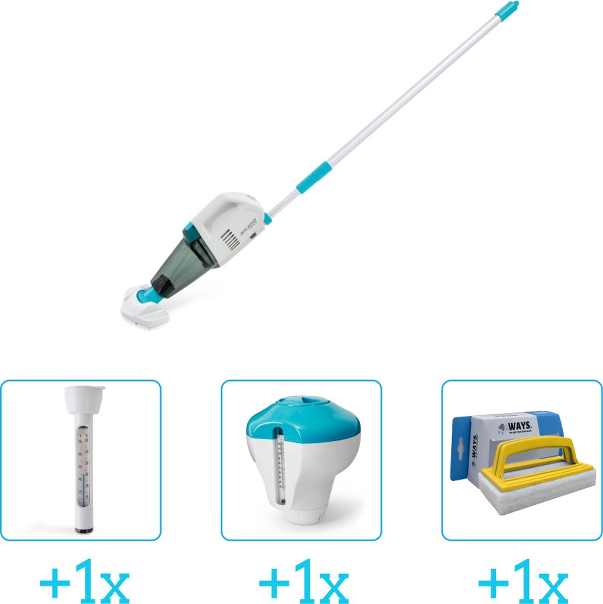Zwembadonderhoud -   Zwembad stofzuiger ZR100 - Oplaadbaar - Handmatig - 28626 inclusief Thermometer - Chloordrijver en Scrubborstel - 4-delig - Ideaal voor zwembaden tot 549 m lengte - Zwembadstofzuiger