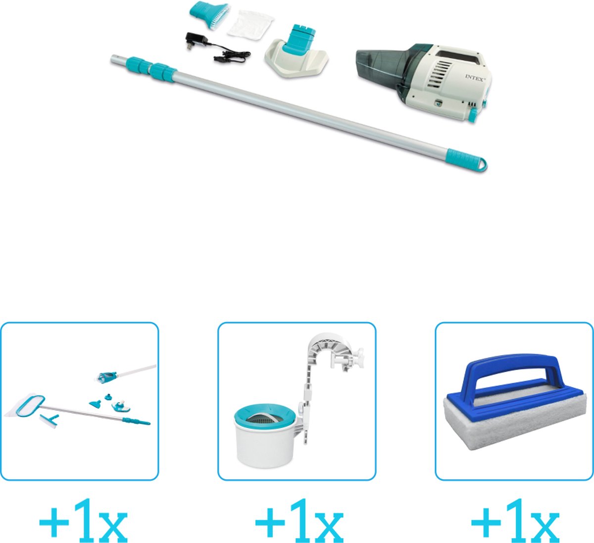 Zwembadonderhoud -   Zwembad stofzuiger ZR200 - Oplaadbaar - Handmatig - 28628 inclusief Schoonmaakset - Skimmer en Scrubborstel - 4-delig - Geschikt voor alle type zwembaden - Zwembadstofzuiger