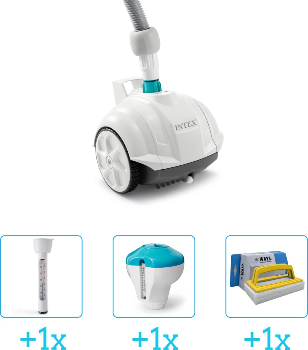 Zwembadonderhoud - Intex Zwembad stofzuiger ZX50 - Automatisch - 28007 inclusief Thermometer - Chloordrijver en Scrubborstel - 4-delig - Ideaal voor zwembaden tot 488 m lengte - Zwembadstofzuiger