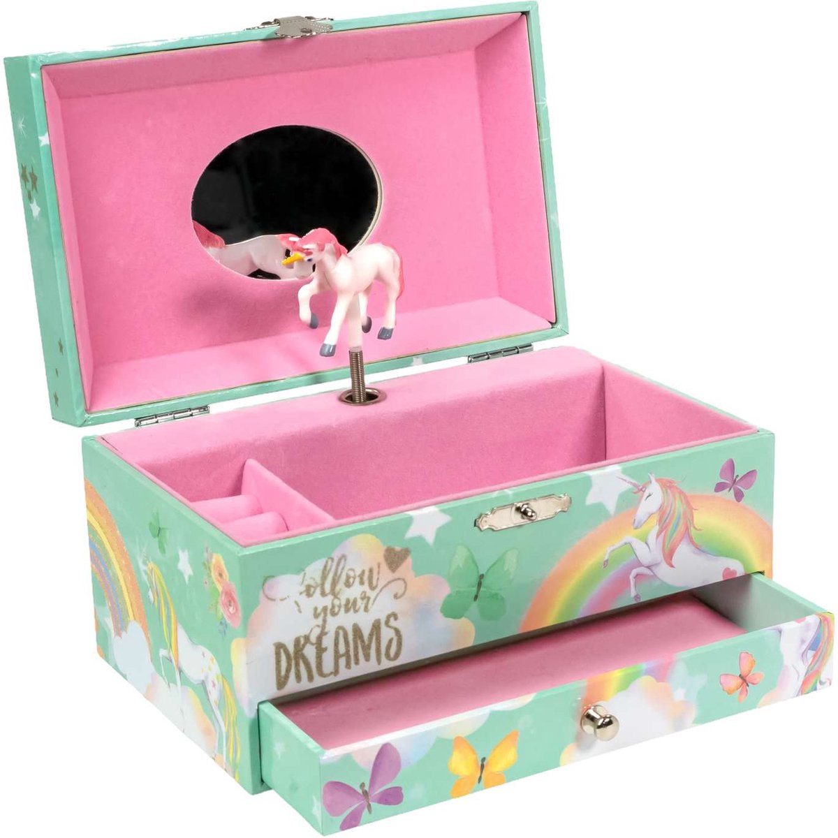 Intirilife Sieradendoosje met muziekdoosje met eenhoorn, gemaakt van hout en fluweel - 17.8 x 11.3 x 9.5 cm - Sieradendoosje voor meisjes, opbergdoosje met muziek voor kinderen