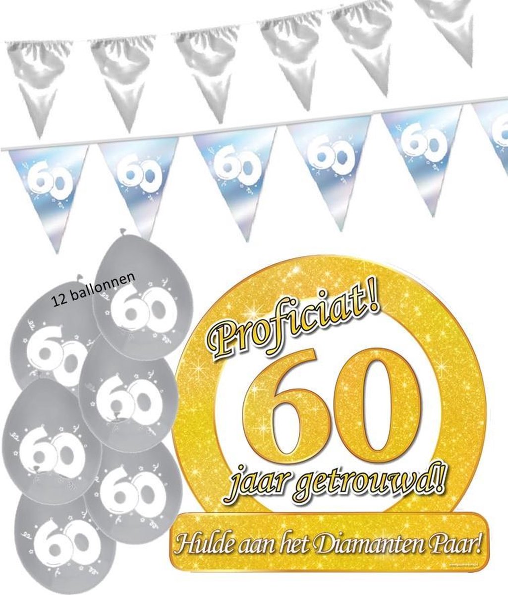 60 jaar getrouwd M - 5 delig Jubileum pakket feestversiering  - feestartikelen Diamanten bruiloft.