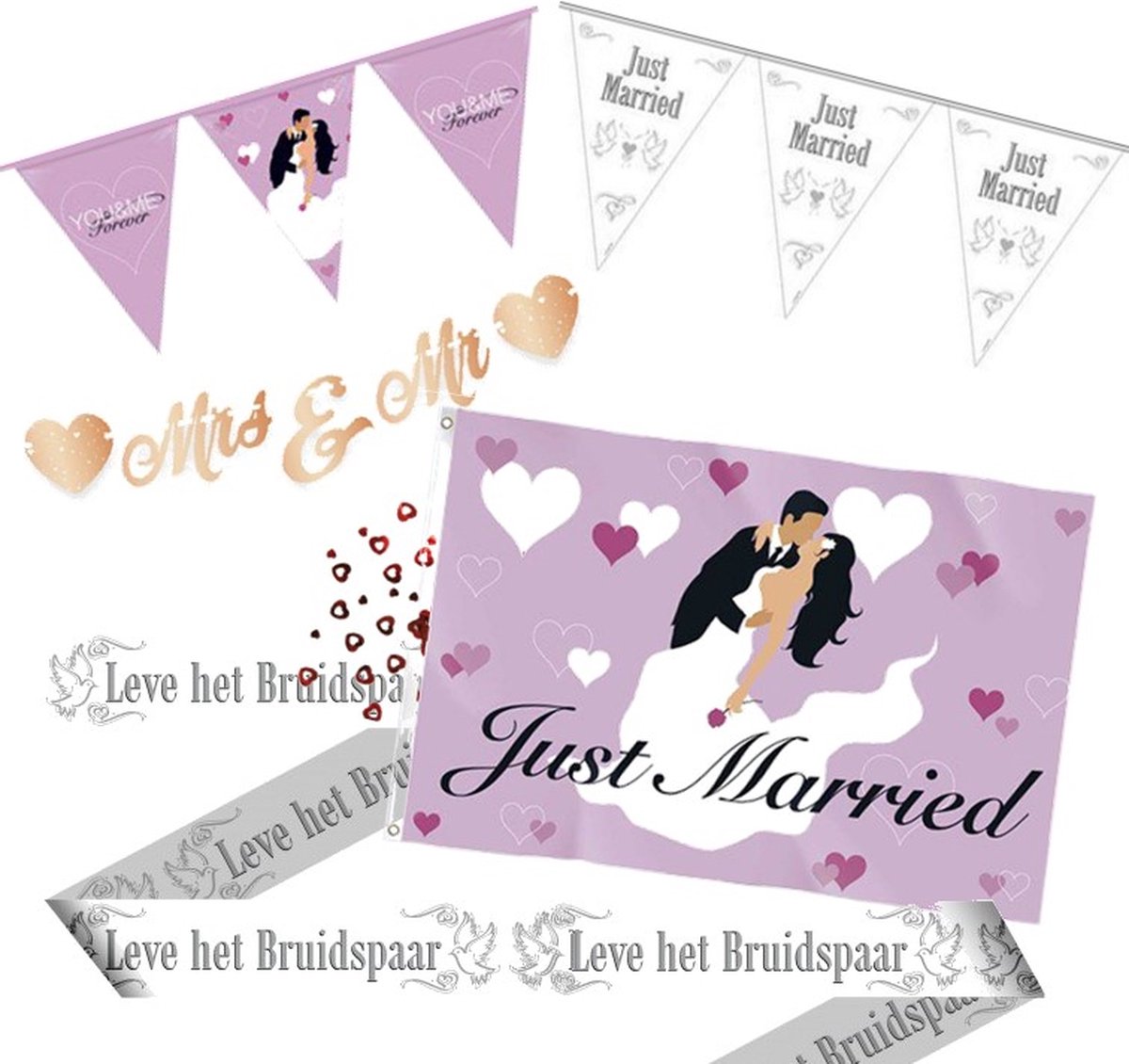 Feestpakket versiering 7 delig - You & me Just married  Bruidspaar.