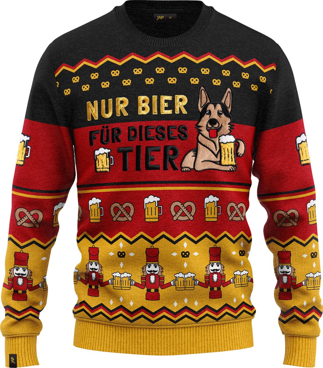JAP Christmas Around the World Kersttrui (maat 3XL) - 100% Gerecycled - Kriebelt niet - Kerstcadeau volwassenen - Foute Kersttrui dames en heren XXXL - Duitsland - Zwart/Rood/Geel