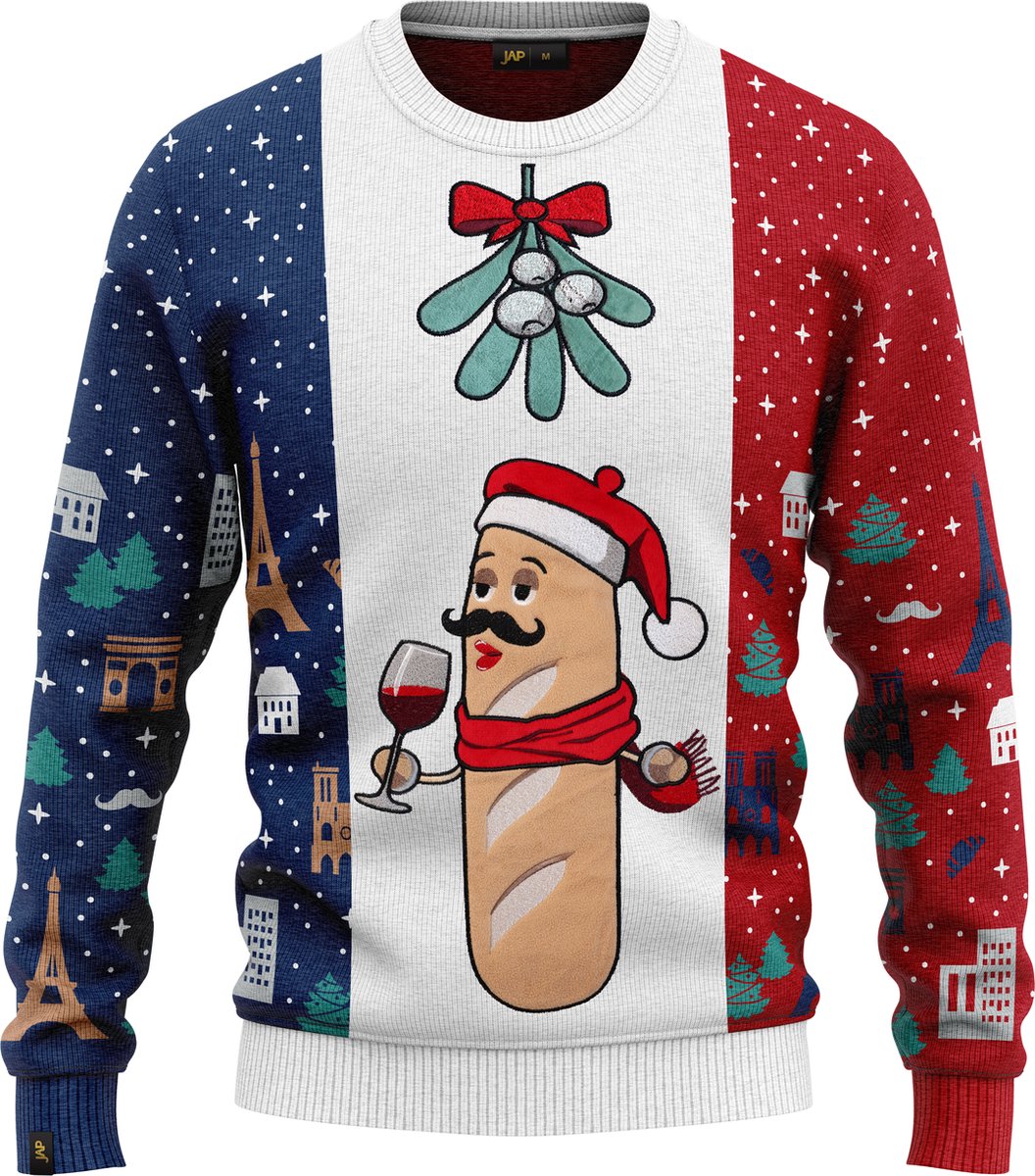 JAP Christmas Around the World Kersttrui (maat S) - 100% Gerecycled - Kriebelt niet - Kerstcadeau volwassenen - Foute Kersttrui dames en heren - Frankrijk - Blauw/Wit/Rood