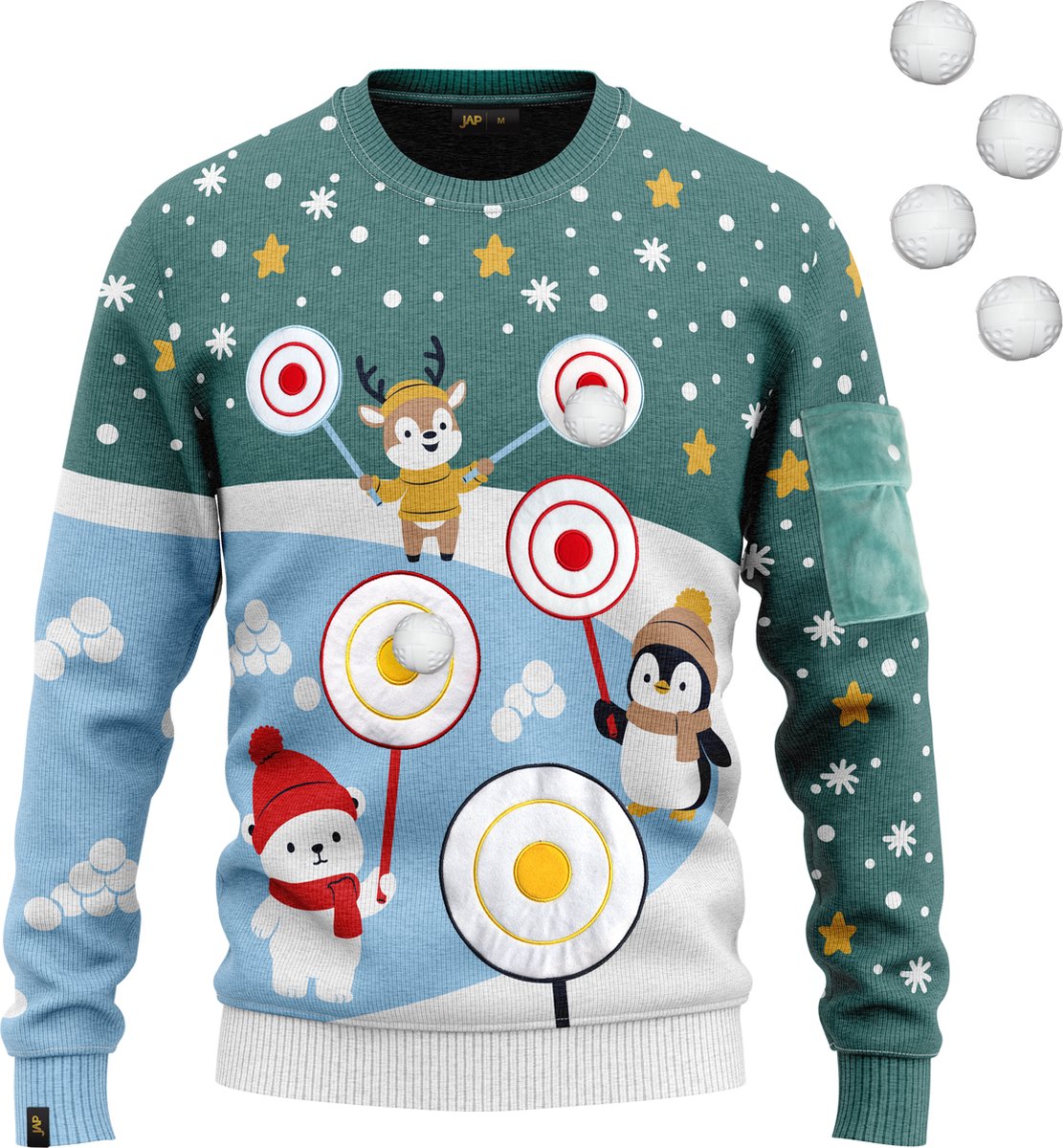 JAP Christmas Interactieve Kersttrui (maat M) - 100% Gerecycled - Kriebelt niet - Kerstcadeau volwassenen - Foute Kersttrui dames en heren - Bal werpen (Inclusief 4 ballen) - Blauw
