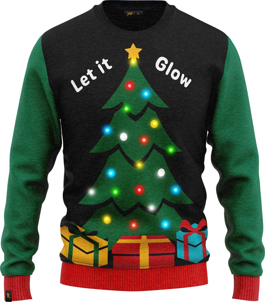 JAP Christmas Kersttrui met lichtjes (maat S) - 100% Gerecycled - Kriebelt niet - Kerstcadeau volwassenen - Foute Kersttrui dames en heren - Let it glow - Zwart