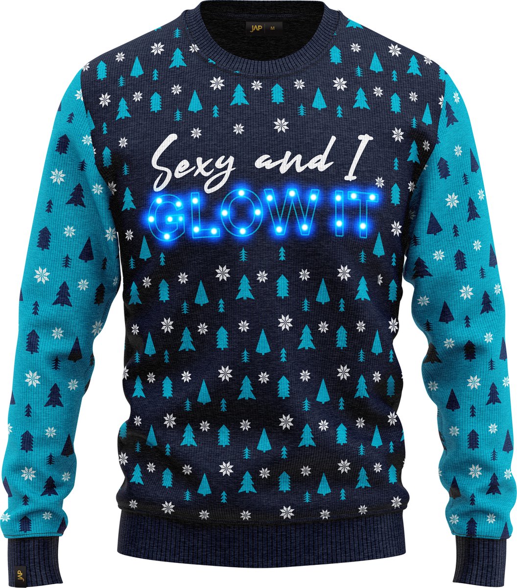 JAP Christmas Kersttrui met lichtjes (maat XS) - 100% Gerecycled - Kriebelt niet - Kerstcadeau volwassenen - Foute Kersttrui dames en heren - Sexy and I GLOW IT - Blauw