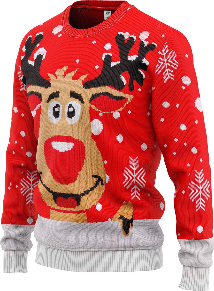 JAP Foute kersttrui - Rudolf het rendier - Kerst - Dames en heren - Kerstcadeau - XXXL - Rood