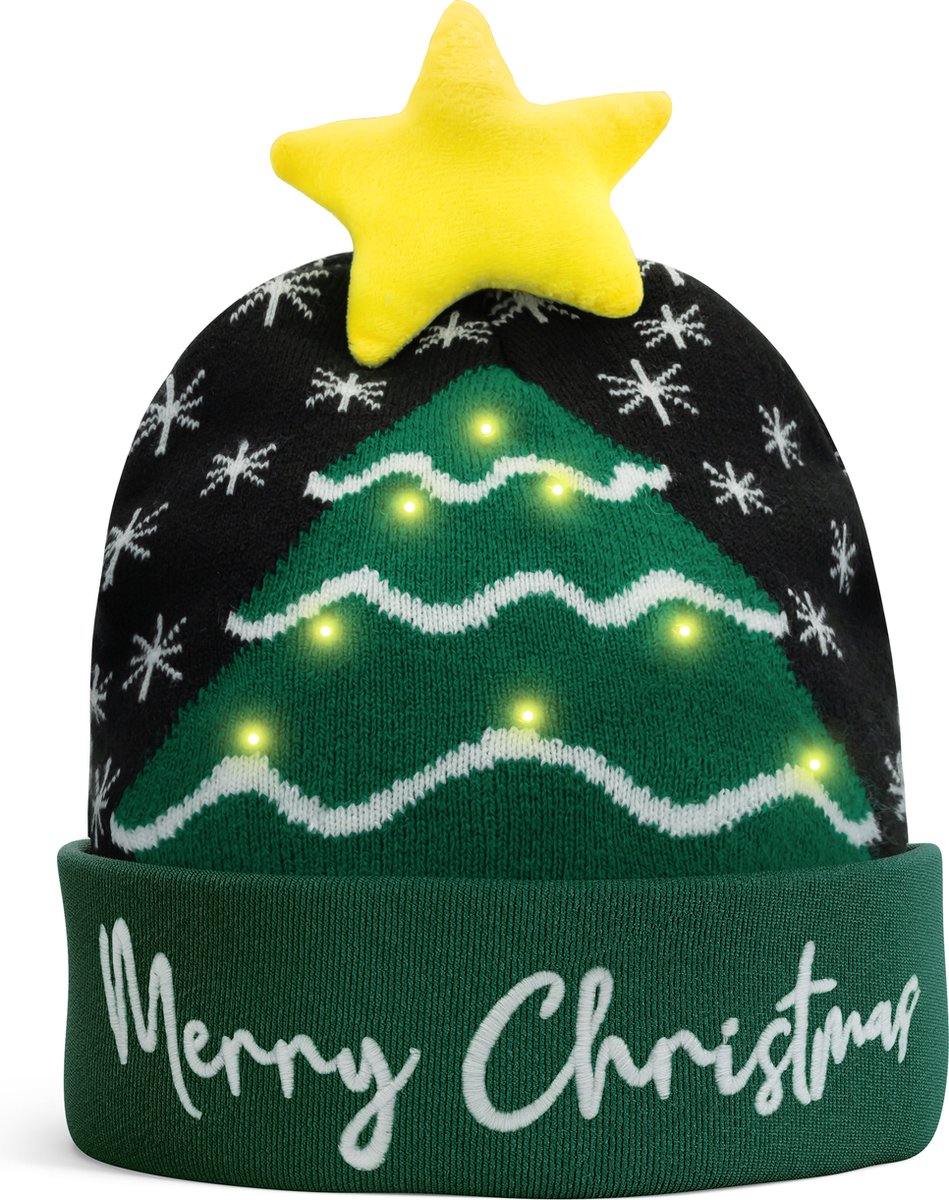 JAP Kerstmuts met lichtjes - 3 verlichting standen - Kerst LED beanie voor volwassenen en kinderen - Kerstboom muts met lampjes - Groen/Zwart