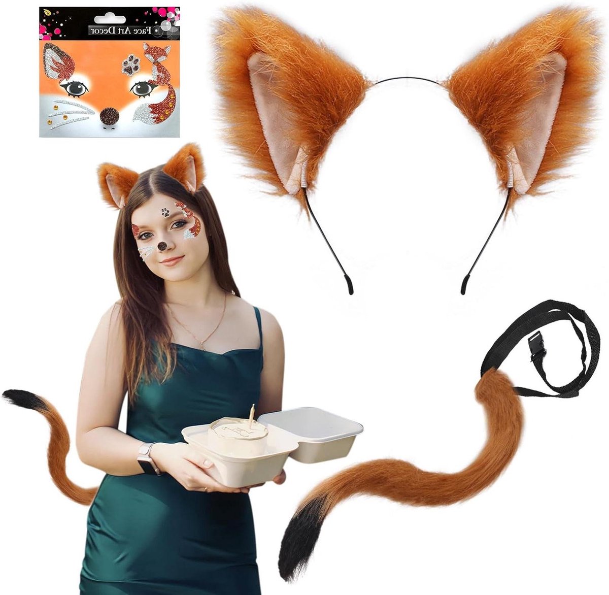 JGS Premium - 3 stuks vossenkostuum voor kinderen en volwassenen - Kunstbont - Vossenoren - Lange vossenstaart - Gezichtstattoos - Carnaval - Halloween party - Dier cosplay
