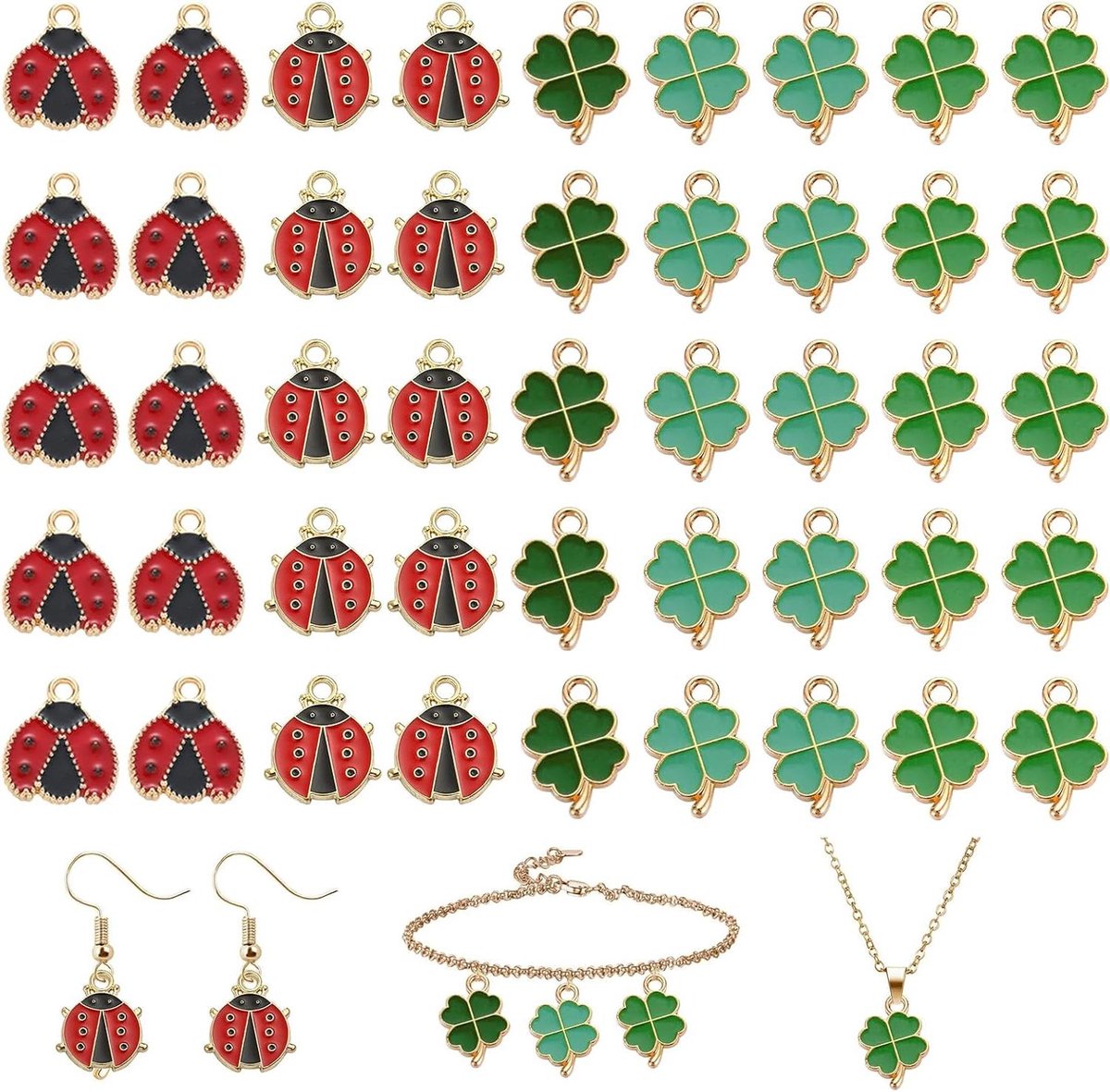   Premium - 45 stuks klaverbladhangers lieveheersbeestje geluksbrenger - hanger knutselen sieraden - vier bladeren ornamenten.