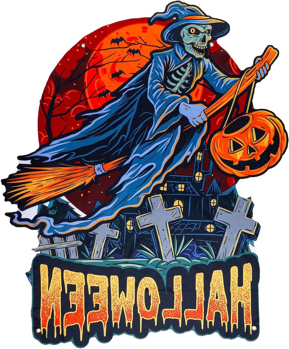 JGS Premium - Autodecoraties voor Halloween - Trunk or Treat - Autoboog en Garagebanner - Muurdecoratie voor SUV Auto Huis - Garagedeurdecoraties - Spookhuis Thema - Skelet Heks - Halloween Feestdecoratie