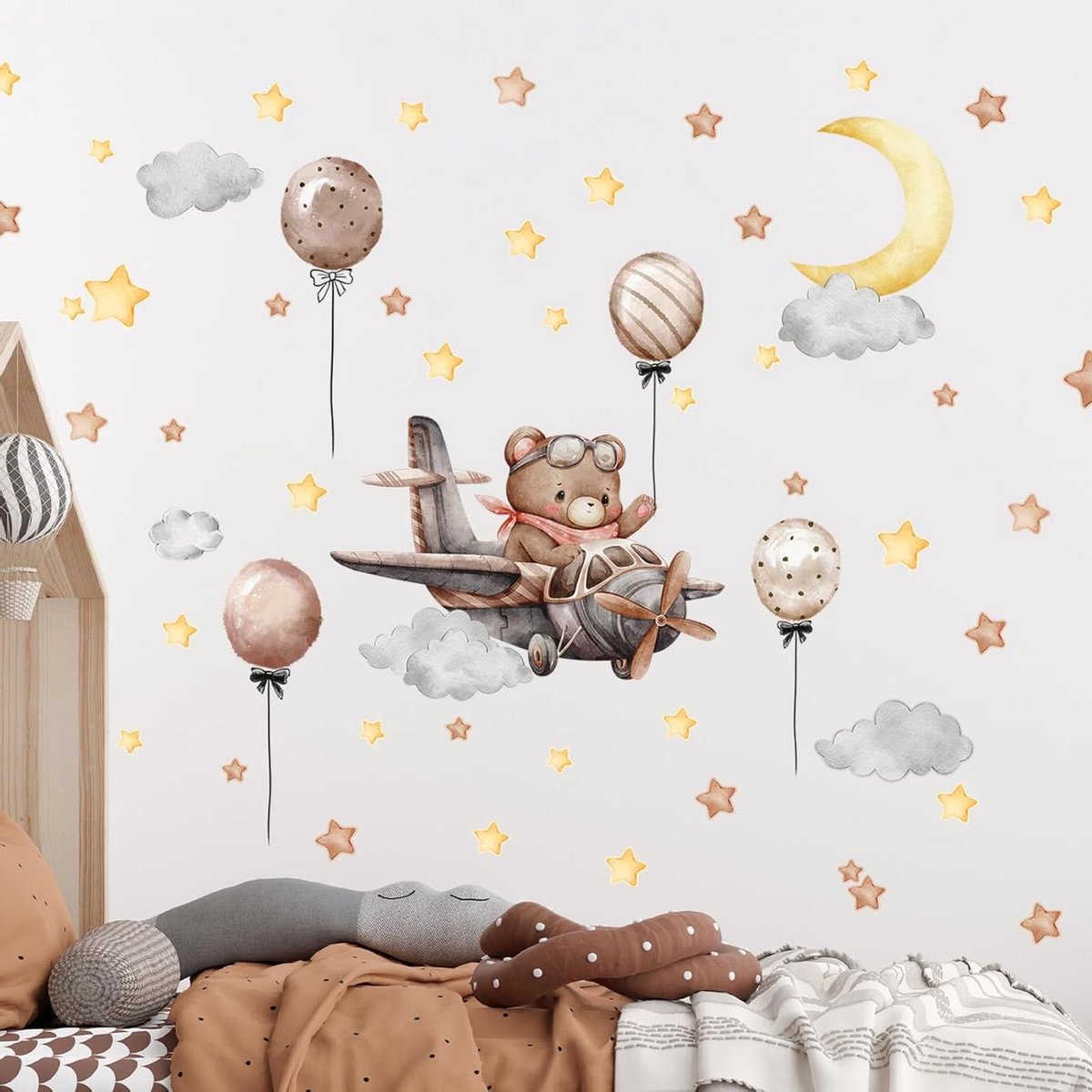 JGS Premium - Muurstickers Cartoon beer vliegtuig maan sterren wolk verwijderbaar zelfklevend muurschildering kinderkamer