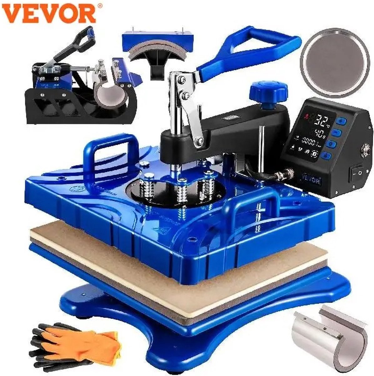 JK24 - 6 in 1 Transferpers - Heat press - voor T-Shirts, hoeden, mokken, schoenen en meer - Blauw - met LED