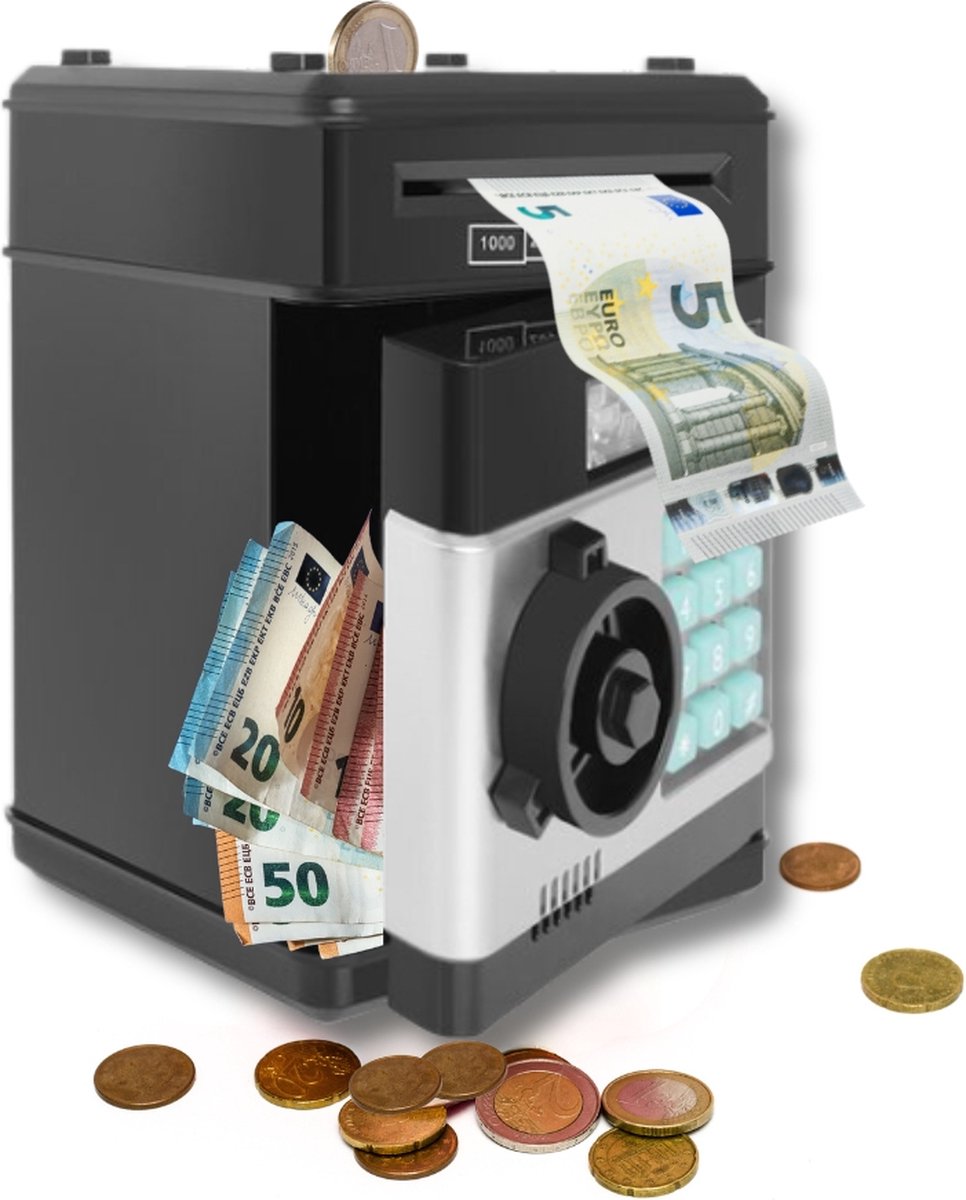 Spaarpot - Kluis - voor Kinderen – Educatief Speelgoed - met Pincode - Zwart - Munt en Briefgeld