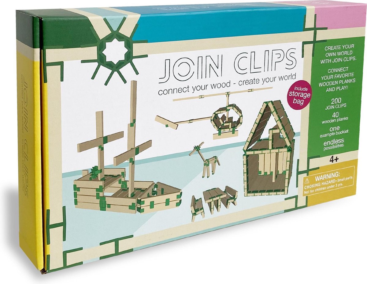 JOIN CLIPS Home - 200 verbinding clips voor houten bouwplankjes incl speelkleed