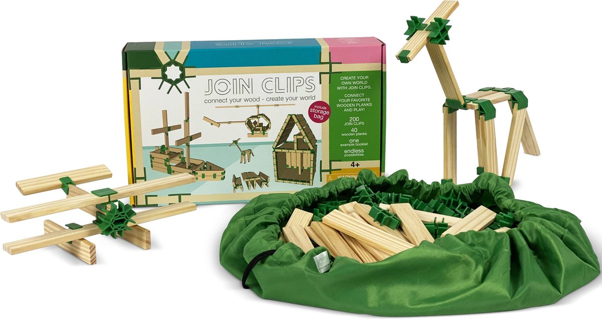  ®: BASIC SET “THUIS EDITIE” 200 clips - 40 houten bouwplankjes - bouwboekje - met extra speel-opbergkleed