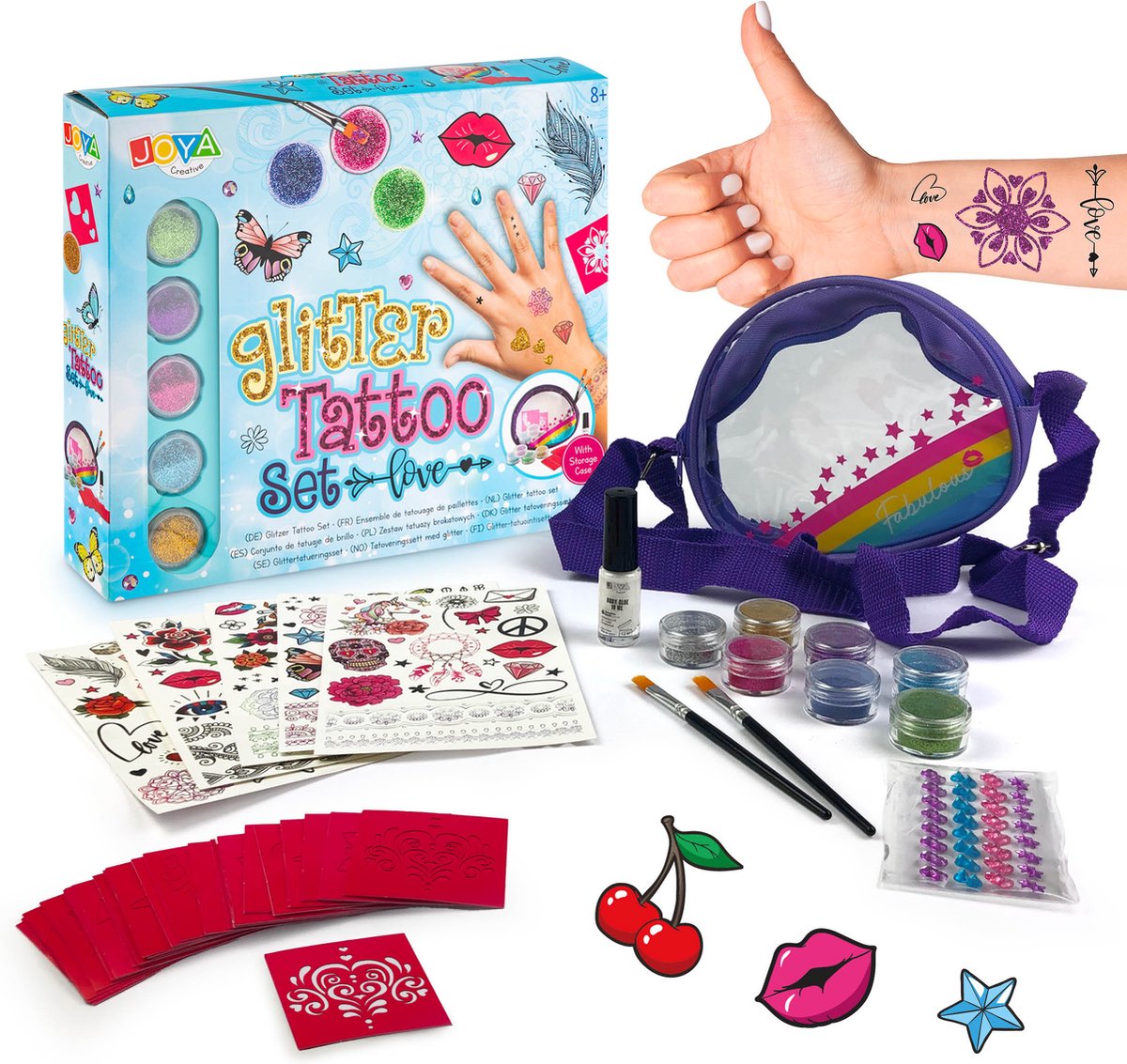 Glitter Tattoo Set XXL - Bio Degradable - Knutselpakketten - 7 glitterkleuren - 36 sjablonen - Plak tattoos voor Kinderen - Kinderfeestje - Tattoos Kinderen