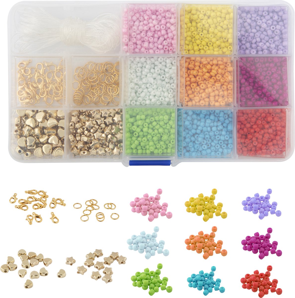 Joya Creative 6000 Glaskralen Set Deluxe - DIY Sieraden maken - Maak Prachtige Sieraden en Creëer Unieke Kunstwerken - Rocailles - Inclusief Rijgdraad - Gouden sterren en hartjes bedels