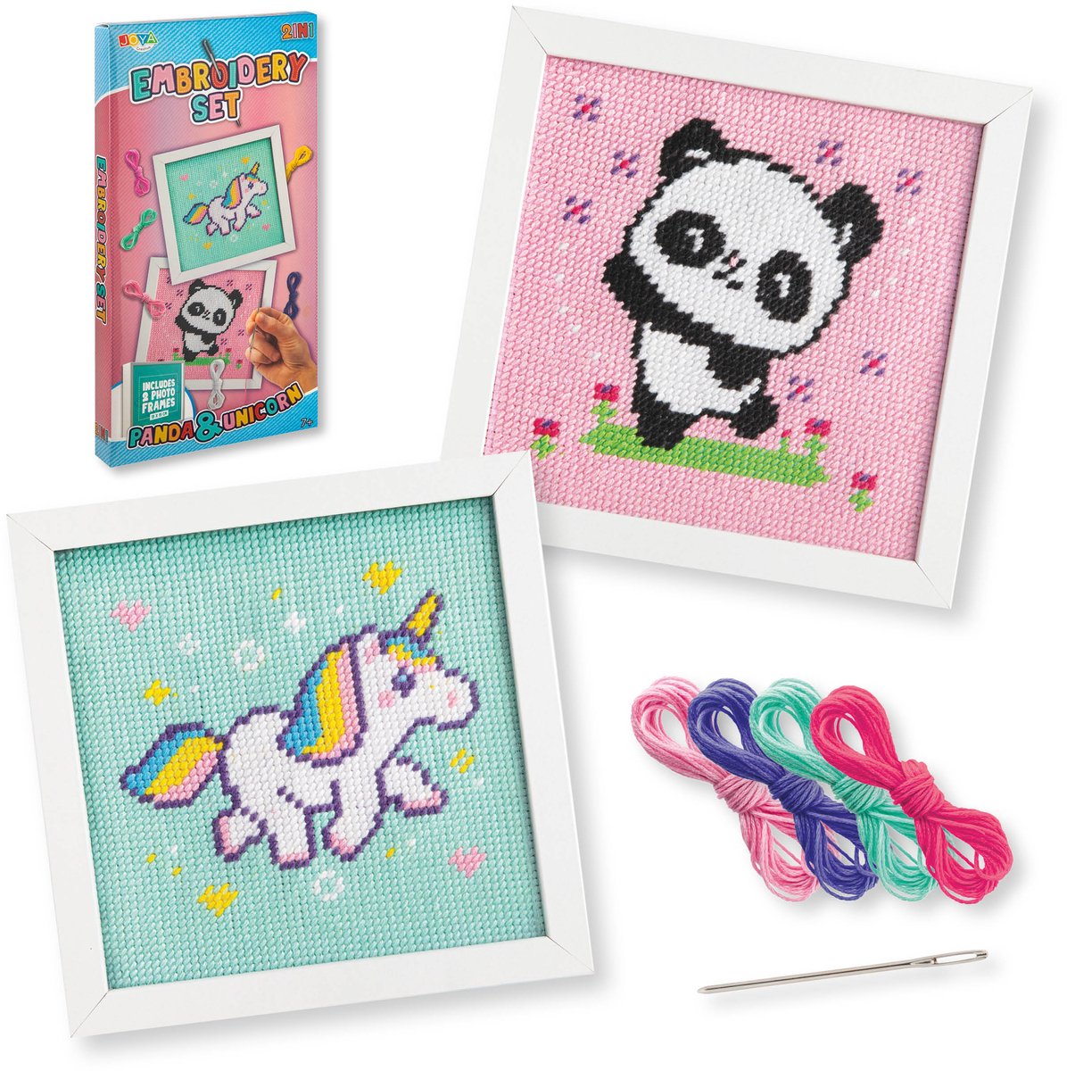 Joya Creative Borduurpakket voor Beginners 2in1 - Unicorn en Panda – Ik Leer Borduren - Borduurpakket Dieren voor Beginners - Creatief Montessori Speelgoed - Inclusief MDF Frame 15×15 cm
