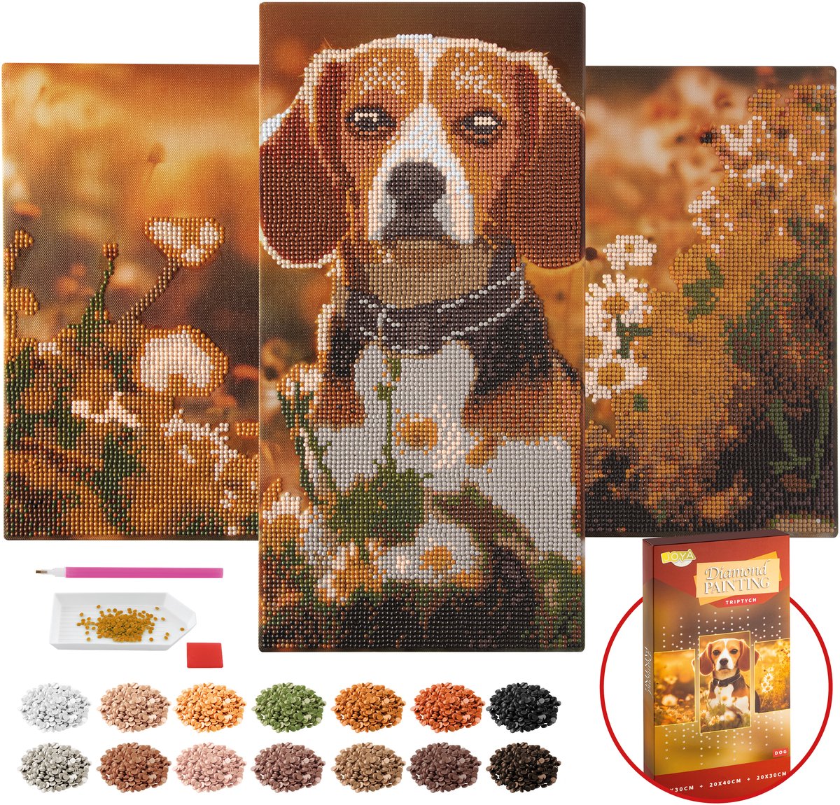 Joya Creative Diamond Painting Volwassenen Hond Drieluik Schilderij DIY - Diamond Painting Pakket - Ronde Steentjes - Inclusief Diamond Painting Pen - Voor Volwassenen en Kinderen - Afmeting 40x20cm en 30x20cm