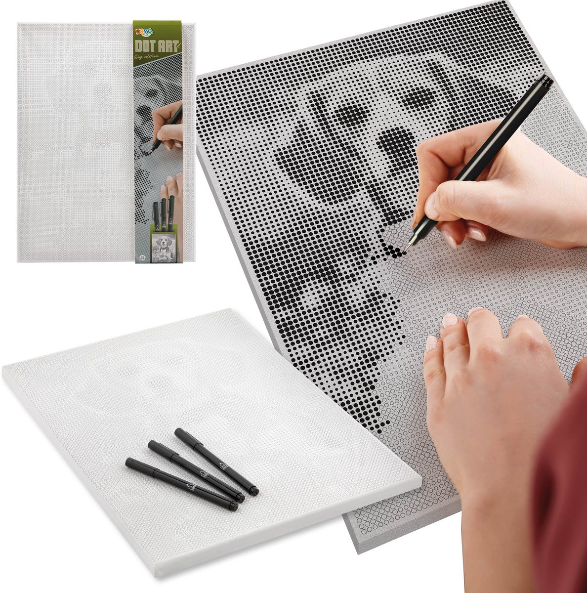 Joya Creative Dot Painting Stippelschilderij - Thema Hond - Canvas 40x30cm - Inclusief 3 Zwarte Fineliners - Creatief Tekenen voor Volwassenen