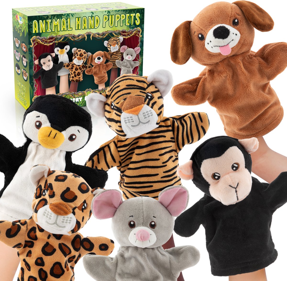Joya Creative Handpoppen Poppenkast - 6pcs Dieren Handpoppen Hond, Tijger, Aap, Muis, Luipaard & Pinguïn - Inclusief Poppenkast verpakking