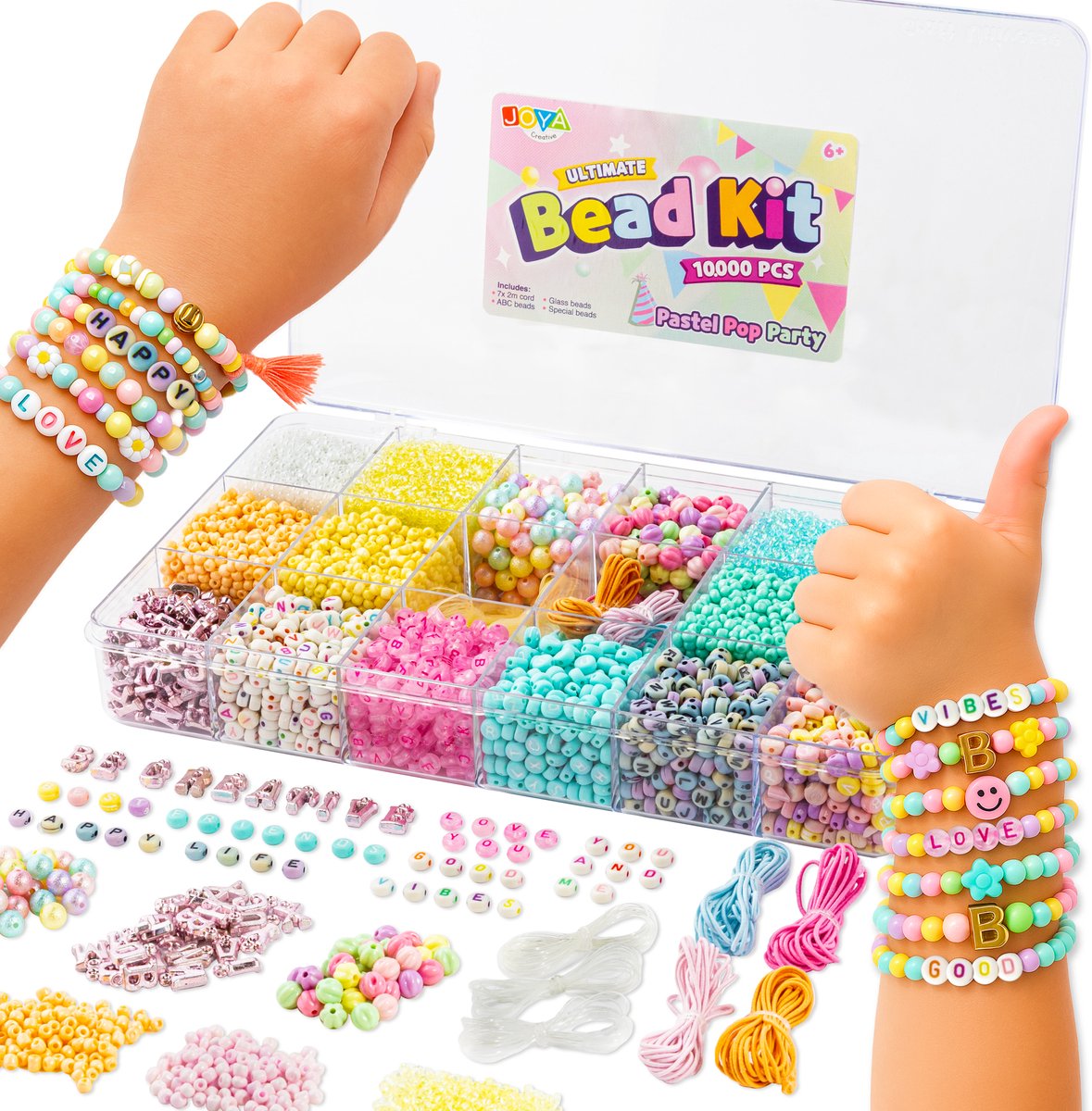 Joya Creative Luxe Armbandjes maken Meisjes Kralenset 10.000pcs - Pastel Pop Party - ABC Beads, Glass Beads en Elastiek - Opbergdoos 27x16x4cm