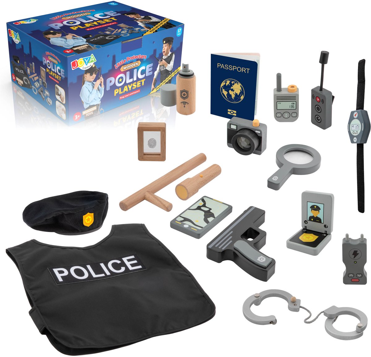 Politie Speelgoed 17pcs - Houten Speelgoed - Politie set - Carnaval Politie - Rollenspel voor Kinderen - Montessori speelgoed - politie pistool