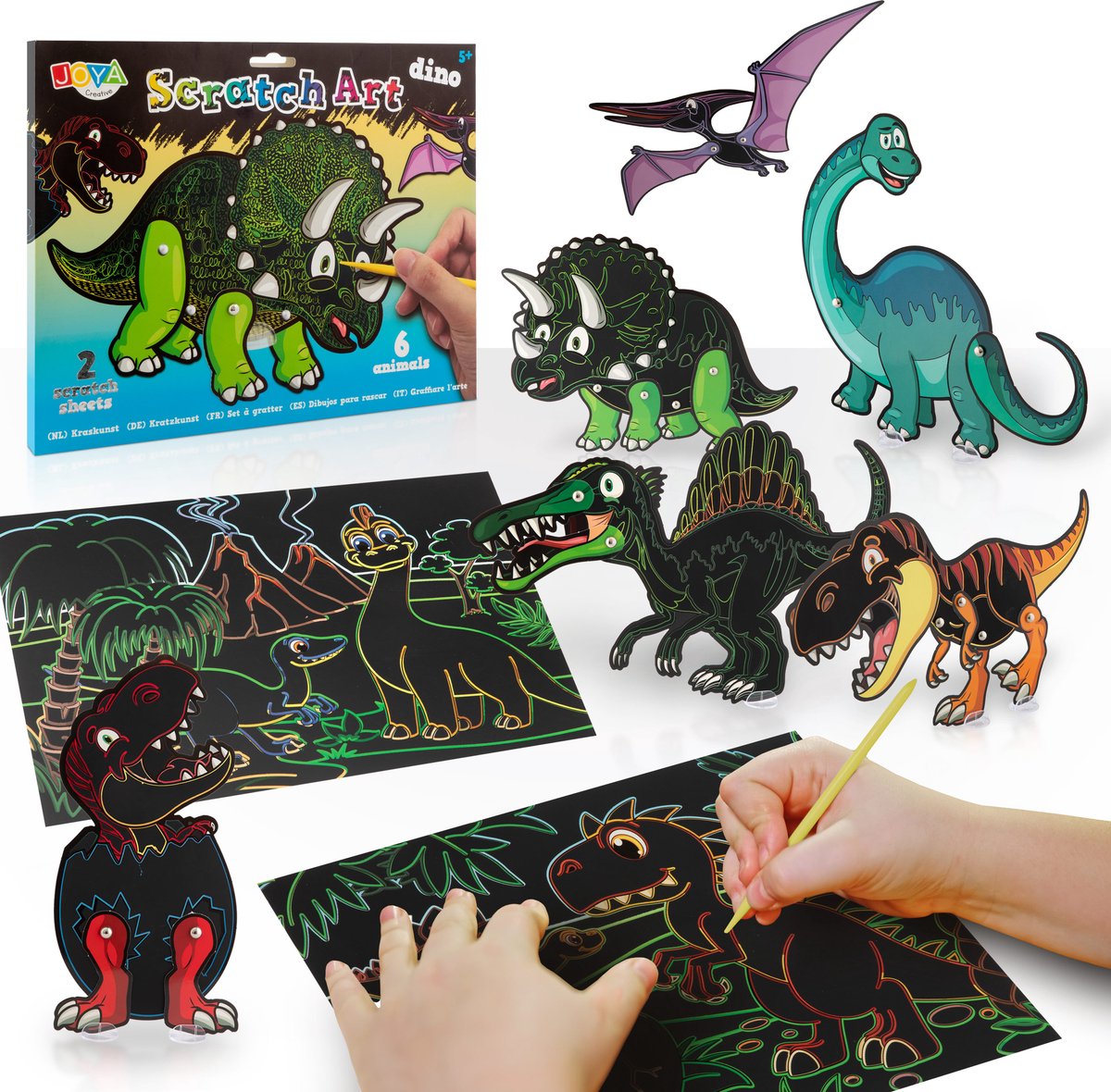 Scratch Art Dino Kinderen - Dino Knutselen - Krasboek - Inclusief 6 Dinosaurussen en 2 Krastekeningen - Met Kras Tools en Beweegbare Elementen