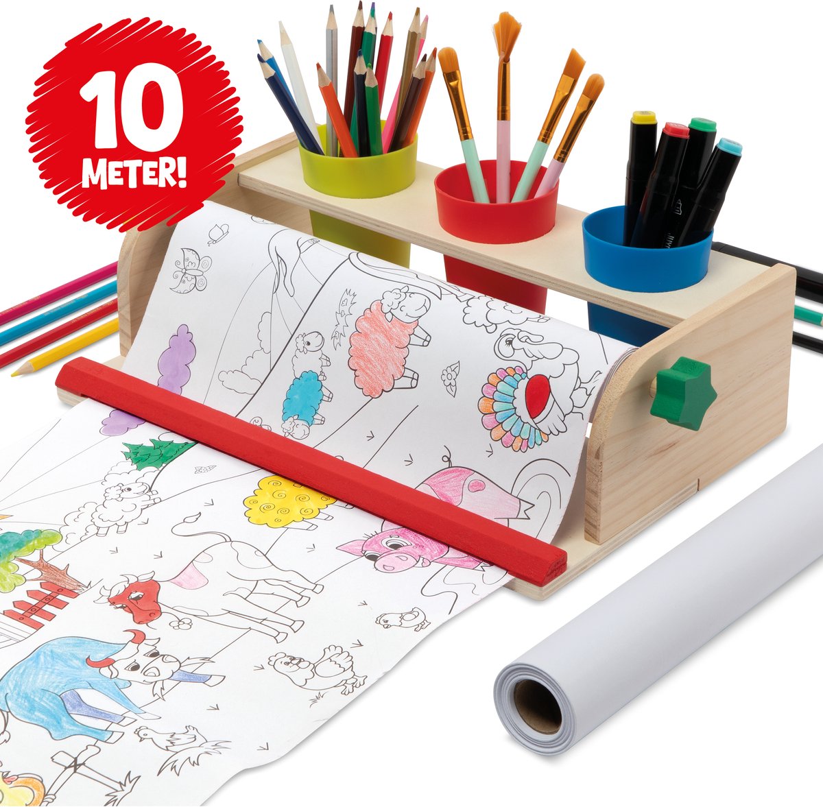 Tekenen voor Kinderen - Kleurplaat op rol - Houten Papierrolhouder - Montessori Speelgoed - 10m per rol - Tekenen, Kleuren, Schilderen voor Kinderen - FSC Hout