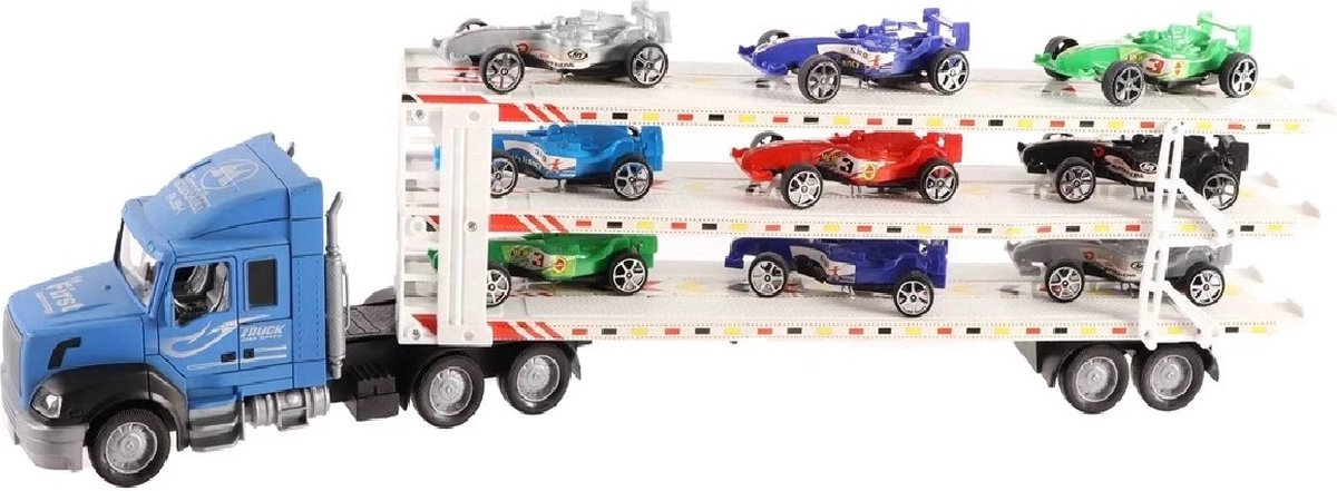 Vrachtauto 58 cm met oplegger en 9 autos Frictie - Jono Toys