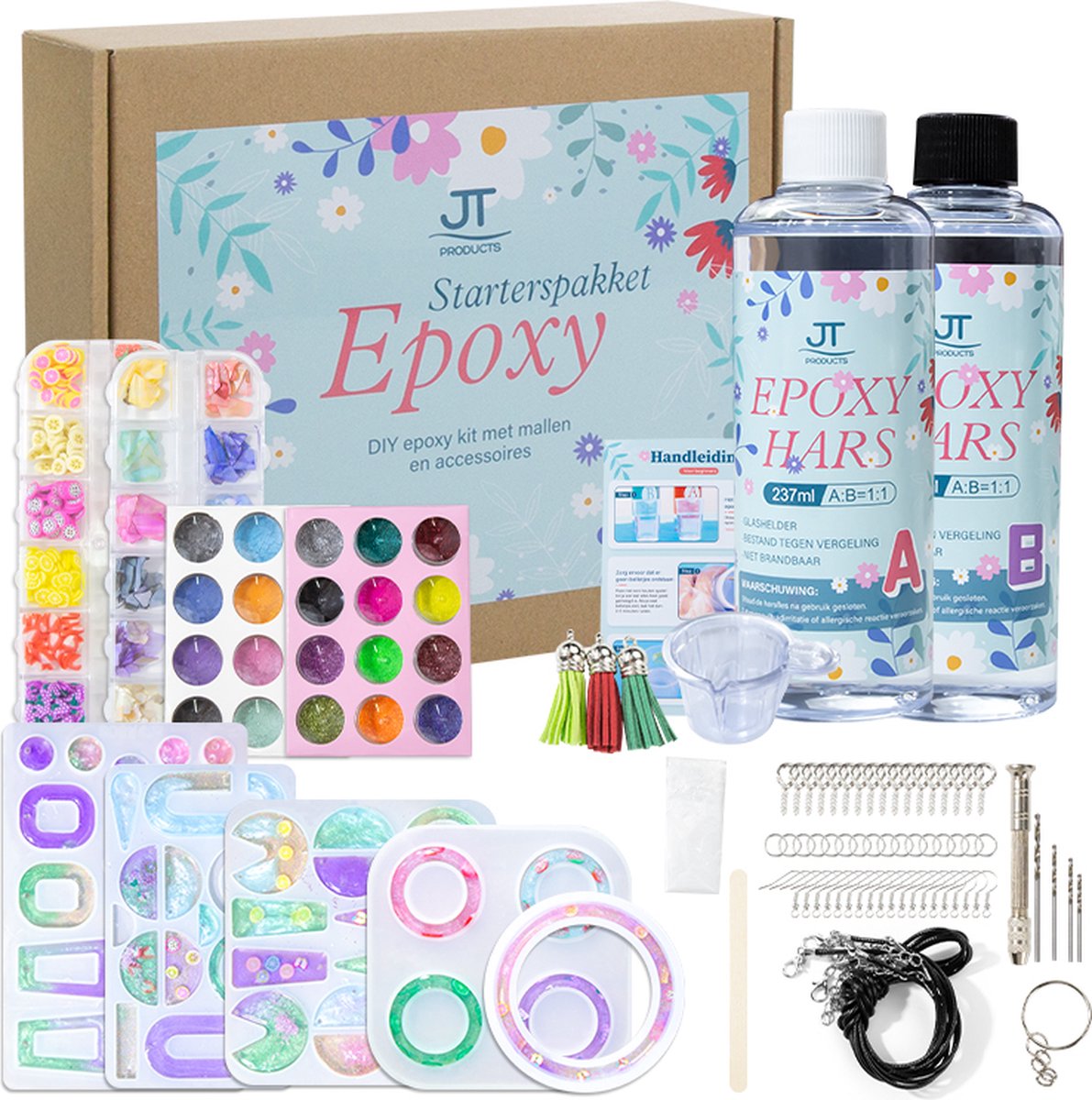 JT Products Epoxy Starterspakket - Zelf Sieraden Maken - Giethars - Epoxy Starterskit - Sieraden, Ketting, Oorbellen, Armband, Ring, Sleutelhanger - Epoxy Resin - Epoxy Hars - Sieraden Maken Set - Kerst Cadeau
