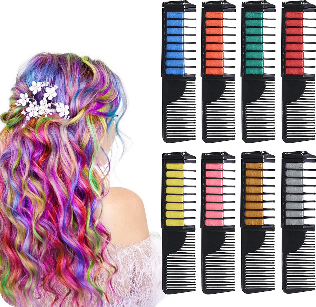   Haarkrijt Inclusief Kam – Haar Krijt Voor Kinderen - Haarkrijt Inclusief Kam - Hair Chalk 8 Kleuren – Haarverf – Haarmascara - Kinderfeestje – Feestje