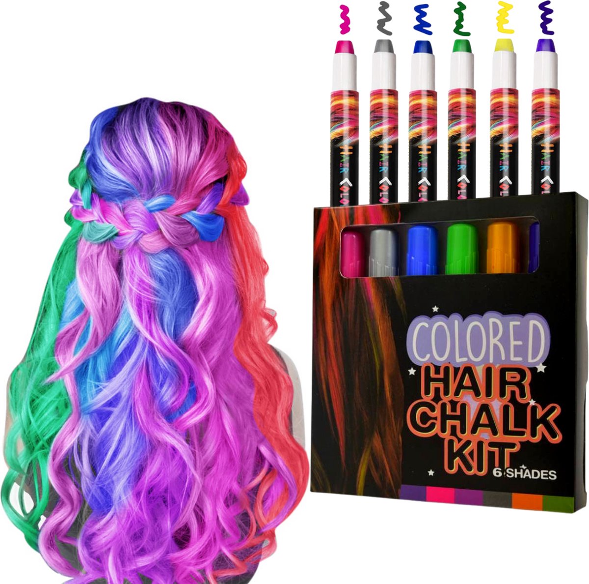 JT Products Haarkrijt Voor Kinderen – Hair Chalk 6 Kleuren – Haarverf – Haarmascara - Kinderfeestje – Feestje