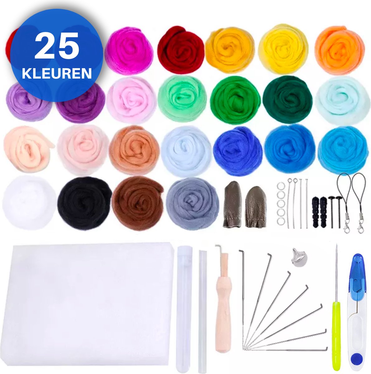 JT Products Naaldvilten Starterset Inclusief 25 Kleuren 5 Gram Viltwol - 50 Tools - Totaal 70 onderdelen - Needle Felting Pakket - Voor Beginners En Gevorderde - 7 Viltnaalden - Viltmat