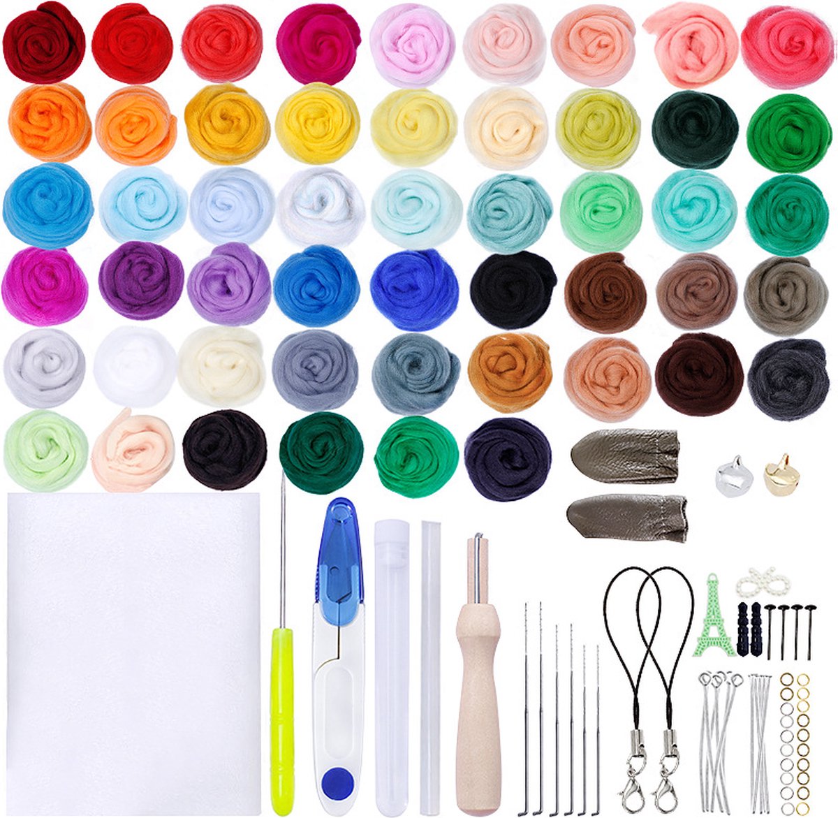 JT Products Naaldvilten Starterset Inclusief 50 kleuren viltwol - Needle Felting Pakket Beginners / Gevorderde - 7 Viltnaalden - Viltmat