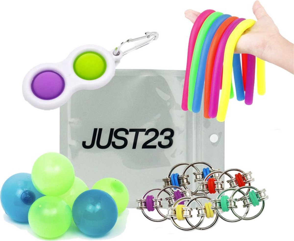 JUST23 Fidget toys pakket - Fidget toys - Fidget - Pop it - Fidget toys pakket goedkoop - 4x Sticky balls - 5x Flippy chainz - 2x Monkey noodles - 1x Simple dimple paars / groen