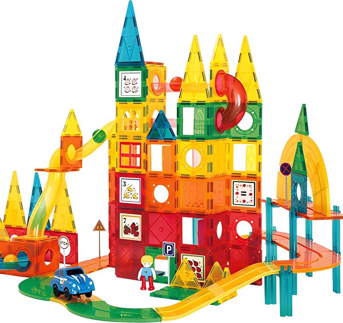 JUST23 Magnetic Tiles 2-in-1 Knikkerbaan & Racebaan KBM200 - Magnetisch Speelgoed - 200 stuks - Maak Je Eigen Dorp - Educatief & Constructie Speelgoed