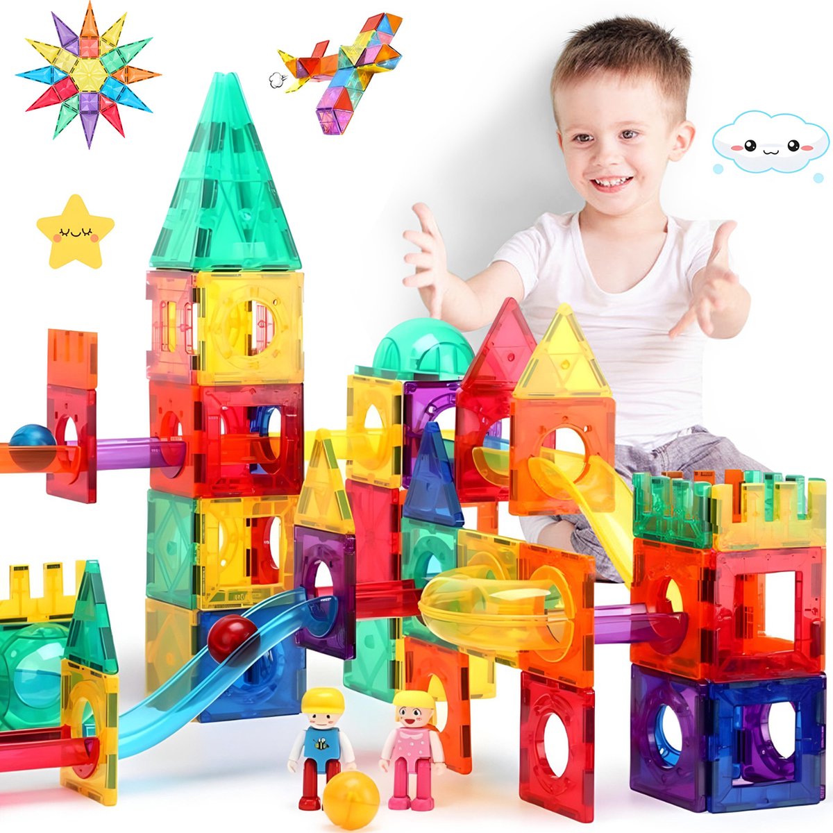 JUST23 Magnetic Tiles Knikkerbaan KBKG80 - Magnetisch Speelgoed - Marble Run - 80 stuks - Educatief & Constructie Speelgoed