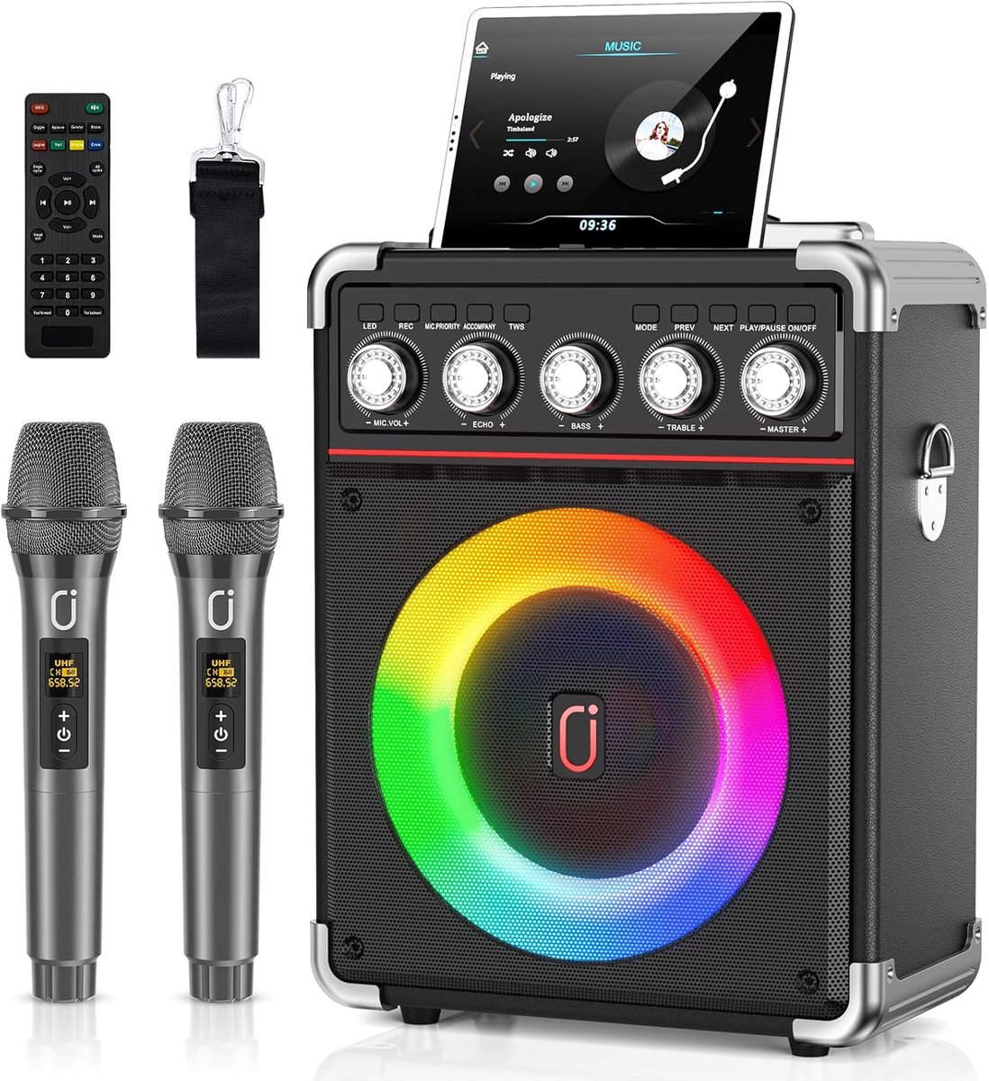   Karaoke Set Volwassenen – Draagbare Bluetooth Speaker Partybox – 2 Draadloze Microfoons – Bluetooth 5.0 – 16.5cm Subwoofer – 3D Geluid & Afstandsbediening