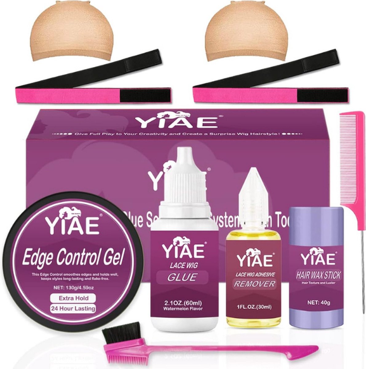 Kantpruik Lijm & Verwijderaar en Haarstyling Wax Gel Combo Pack – 60ml Onzichtbare Waterdichte Pruik Lijm - Pruik Verwijderaar - Pruik Band - Pruik Cap, Haar Waxstick - eEn Rand Controle Set - 10 Stuks