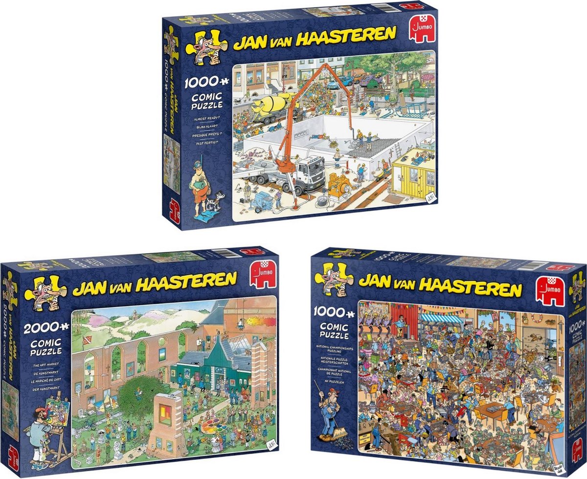 Jan van Haasteren - NK Puzzelen 1000 stukjes & De Kunstmarkt 2000 stukjes & Bijna Klaar? 1000
