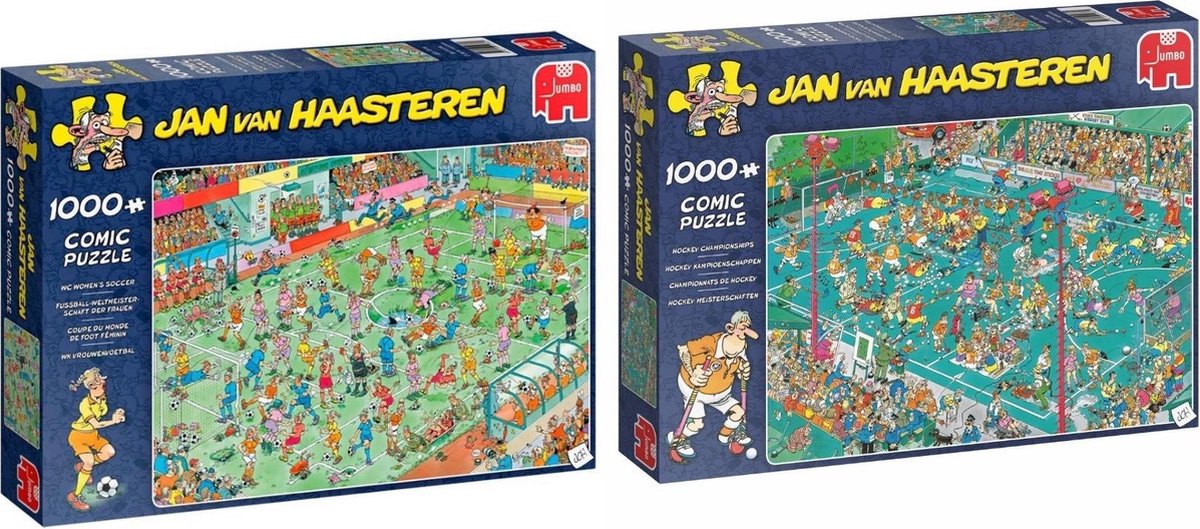 Jan van Haasteren Sportpuzzelbundel - 2 stuks - Hockey Kampioenschappen 1000 stukjes & WK Vrouwenvoetbal 1000 stukjes