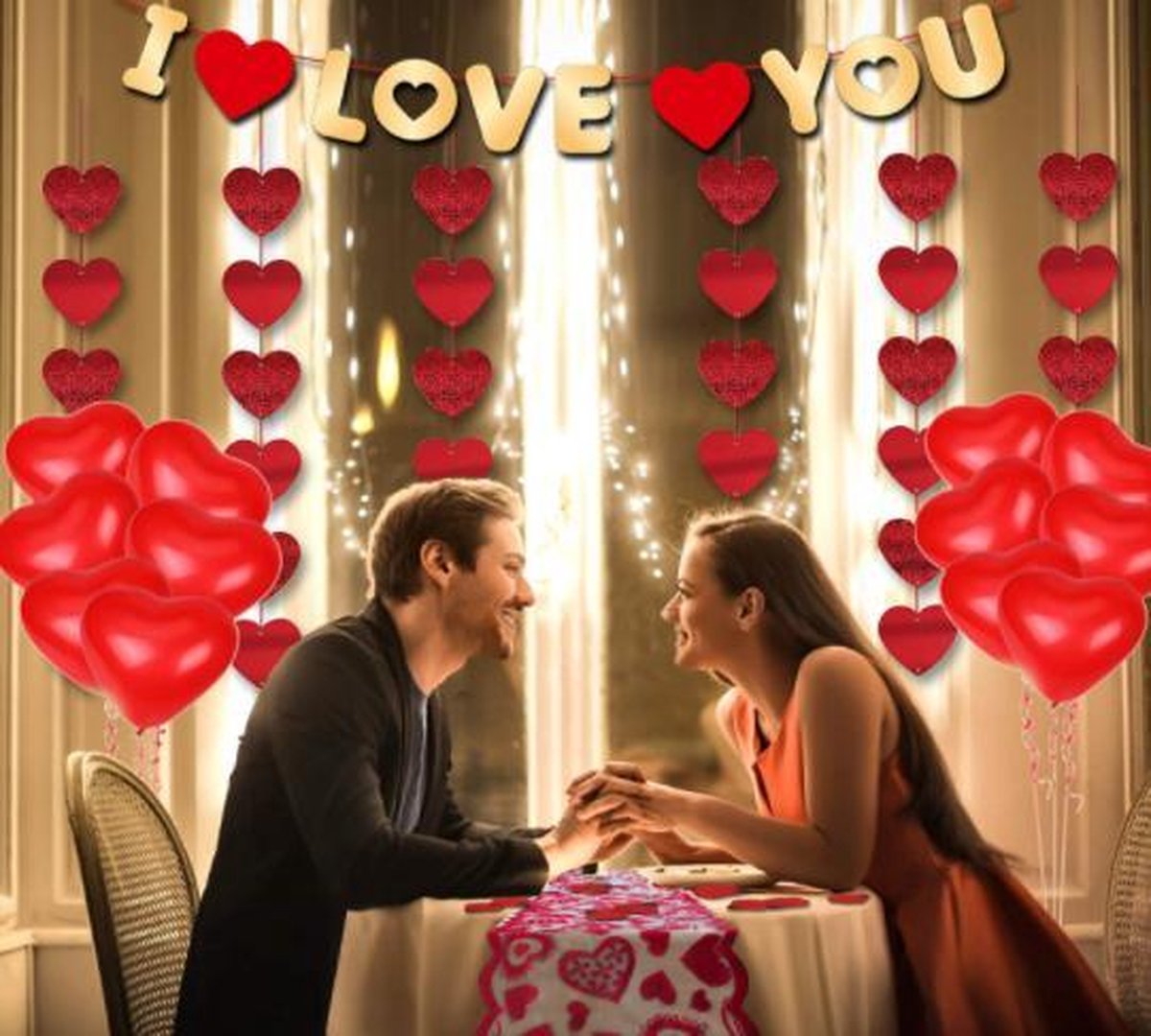 Decoratiekit voor Valentijnsdag, 1000 stuks rode rozenblaadjes, 10 stuks hartballonnen, 6 stuks hartjes, slinger, banner, tafelloper voor Valentijnsdag