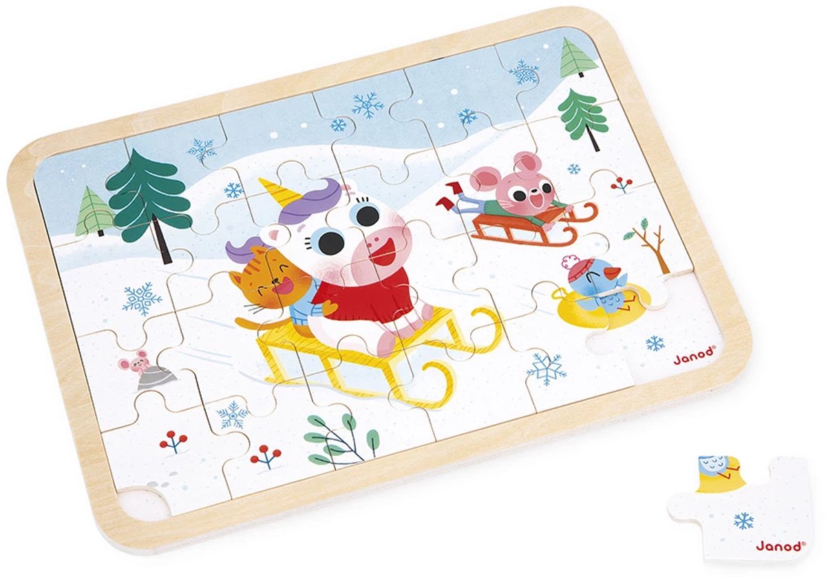 Janod - 24-Delige Houten Puzzel In De Bergen - Met Als Thema Winter En Eenhoorns - Puzzel Met 24 Stukjes - Geschikt Vanaf 3 Jaar