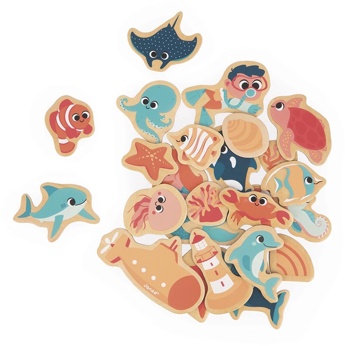 Janod - 24-Delige Set Magneten Zeeleven - Magneten In Oceaan-Thema - 24 Magneten Voor Gekke Verhalen Op Magnetische Dragers - Duikers, Vissen... Duik In De Onderwaterwereld - Geschikt Vanaf 2 Jaar