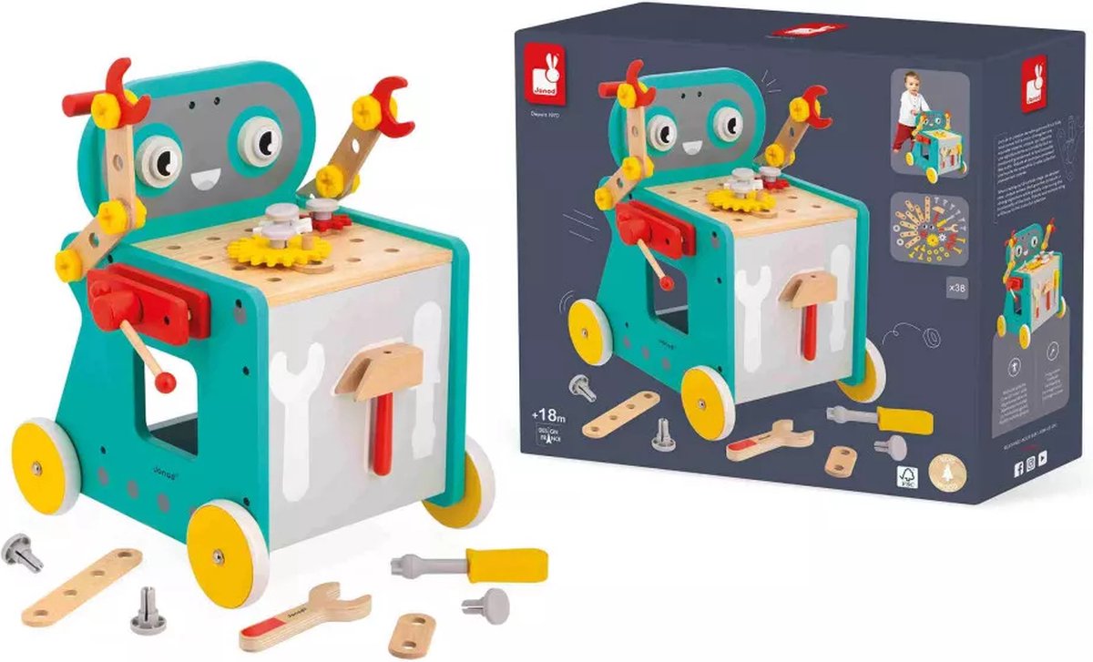 Janod BricoKids - Robot Trolley - Speciale Doe-Het-Zelf Activiteitenwagen - Inclusief 38 Accessoires - Magnetisch Met Opbergvak Voor Gereedschap Aan De Voorkant - Geschikt Vanaf 18 Maanden